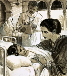 Indira Gandhi wacht über ein Kind im Krankenhaus