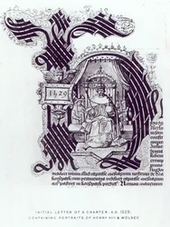Initialbuchstabe einer Urkunde mit Porträts von Heinrich VIII. und Wolsey, 1529