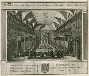 Innenansicht des House of Lords während des Prozesses von Königin Caroline