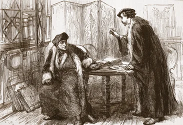 Interview zwischen Erasmus und Calvin, Illustration aus Die Geschichte des Protestantismus von James Aitken Wylie, veröffentlicht 1878