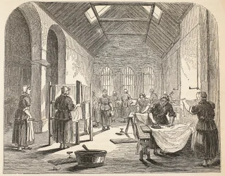Bügelraum im Brixton-Gefängnis, Illustration aus The Criminal Prisons of London and Scenes from Prison Life von Henry Mayhew und John Binny, veröffentlicht 1862