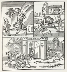 Jack und die Riesen, Illustration aus Chap-books des achtzehnten Jahrhunderts von John Ashton, veröffentlicht 1882