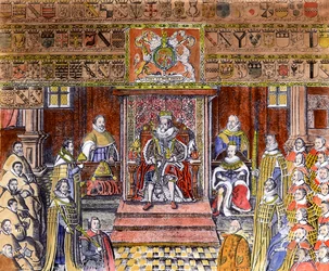 Jakob I. von England (1566-1625) am Hof (Gravur) (spätere Kolorierung)
