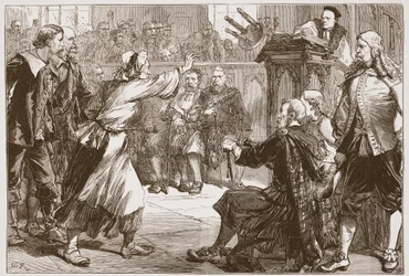 Janet Geddes wirft ihren Hocker auf den Dekan von Edinburgh, Illustration aus The History of Protestantism von James Aitken Wylie, veröffentlicht 1878