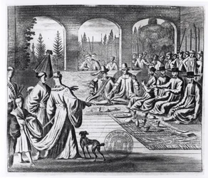 Jesuiten mit niederländischen und portugiesischen Kaufleuten am Hof des japanischen Kaisers, Illustration aus A Memorable Embassy to the Emperor of Japan von Arnold Montanus, veröffentlicht in London 1670