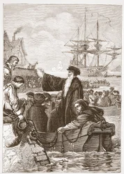 John Alasco und seine Gemeinde verlassen England, Illustration aus The History of Protestantism von James Aitken Wylie, veröffentlicht 1878