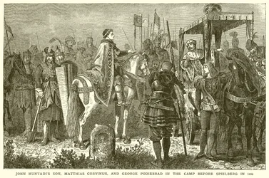 Johann Hunyadis Sohn, Matthias Corvinus, und Georg Podiebrad im Lager vor Spielberg im Jahr 1468