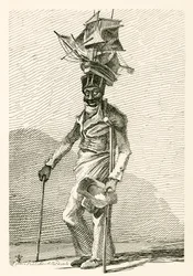 Joseph Johnson, ein schwarzer Seemann, mit einem Modell des Schiffs Nelson auf seiner Mütze