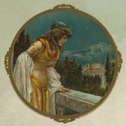 Julia auf ihrem Balkon, Szene aus Shakespeares Romeo und Julia (Chromolithographie)