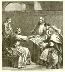 König Johann verweigert die Unterzeichnung der Magna Charta, als sie ihm erstmals vorgelegt wird, 1215