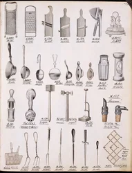 Küchenutensilien, aus einem Handelskatolog für Haushaltswaren und Einrichtungsgegenstände, ca. 1890-1910