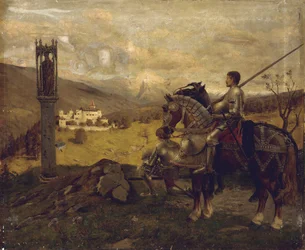 Ritter vor einem Wegesrand-Schrein