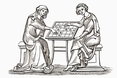 Dame und Jüngling spielen Damespiel oder Dame im frühen 14. Jahrhundert, aus 