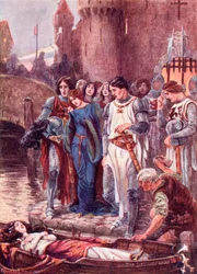 Lancelot betrachtet die tote Lady of Shalott bei ihrer Ankunft in Camelot. Farbige Illustration aus dem Buch The Gateway to Tennyson, veröffentlicht 1910.