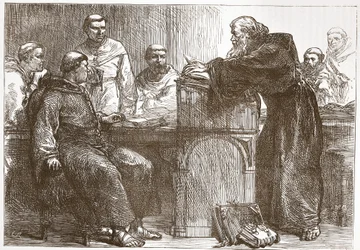 Lefevre hält eine Vorlesung an der Sorbonne, Illustration aus The History of Protestantism von James Aitken Wylie, veröffentlicht 1878