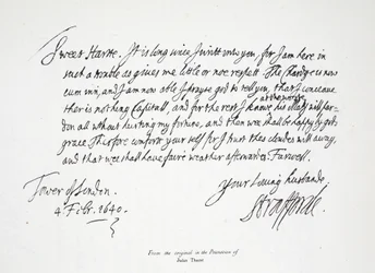 Brief von Lord Strafford an seine Frau, aus dem Tower of London, 4. Februar 1640