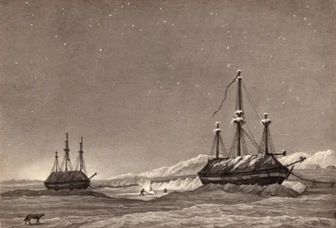 Leutnant William Parrys erste Reise: H.M.S. Hecla und H.M.S. Griper im Winterhafen, ca. 1819
