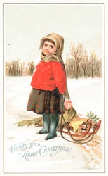 Kleines Mädchen neben einem Schlitten, Weihnachtskarte