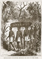 Livingstones Anhänger bringen seinen Körper zur Küste, Illustration aus der Bildausgabe des Lebens und der Entdeckungen von David Livingstone von J. Ewing Richie, veröffentlicht von A. Fullarton & Co., 1876