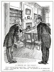 Lloyd George betritt einen Kabinettsraum ohne Minister, die damit beschäftigt sind, Artikel für die Zeitungen zu schreiben, August 1920