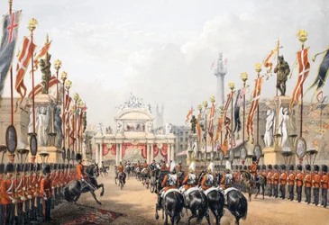 London Bridge, bewacht von der Honourable Artillery Company of London, aus Ein Gedenkbuch zur Hochzeit von Edward VII. und Alexandra von Dänemark, veröffentlicht 1864