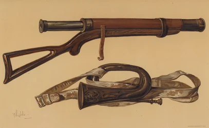 Lord Raglans Teleskop und eine russische Trompete aus Sebastopol (Chromolithografie)