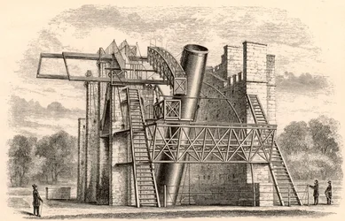 Lord Rosses großes Spiegelteleskop, aus A Handbook of Descriptive Astronomy von George F. Chambers, veröffentlicht in Oxford