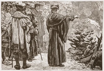 Luther verbrennt die Bulle des Papstes, Illustration aus Die Geschichte des Protestantismus von James Aitken Wylie, veröffentlicht 1878