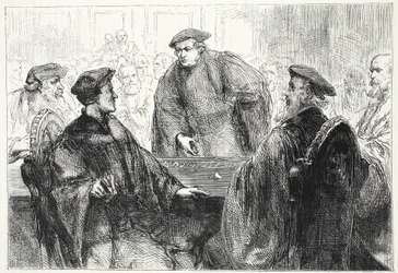 Luther und Zwingli diskutieren in Marburg, Illustration aus Die Geschichte des Protestantismus von James Aitken Wylie, veröffentlicht 1878
