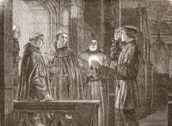 Luther tritt in das Augustinerkloster ein, Illustration aus Die Geschichte des Protestantismus von James Aitken Wylie, veröffentlicht 1878