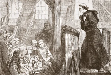 Luther predigt in der alten Holzkirche in Wittenberg, Illustration aus Die Geschichte des Protestantismus von James Aitken Wylie, veröffentlicht 1878