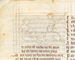 MS McClean 123 f.40v Unterzeichnung für eine Miniatur, die einen Jäger zeigt, der ein Einhorn fängt, das nackt im Schoß einer Jungfrau liegt, aus 