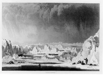Boote durch Eishaufen manövrieren, Illustration aus Narrative of an Attempt to Reach the North Pole von William Parry, graviert von Edward Finden, veröffentlicht 1828