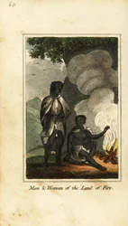 Mann und Frau aus dem Land des Feuers oder Tierra del Fuego