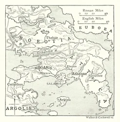 Karte einschließlich Attika, mit Salamis und Ägina, Böotien, Megaris und einem Teil von Korinthia und Argolis