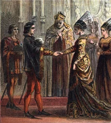 Hochzeit König Heinrichs V. von England (1387-1422) mit Catherine de Valois (1401-1437) im Jahr 1420. „Hochzeit Heinrichs V.“, 1420. Heinrich heiratete Catherine, die Tochter des Königs von Frankreich.