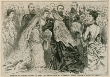 Heirat von Prinzessin Victoria von Hessen und Prinz Louis von Battenberg, Königin Victoria grüßt die Braut, 16. Mai 1884