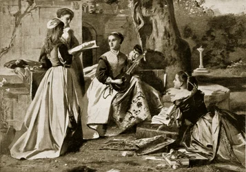 Maria Stuart in einem Klostergarten, Illustration aus Hutchinsons Geschichte der britischen Nation, ca. 1923