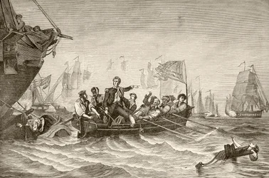 Master Commandant Oliver Hazard Perry wechselt von der US-Brig Lawrence zur US-Brig Niagra während der Schlacht am Eriesee (Lithografie)