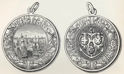 Medaille zur Erinnerung an Admiral Robert Blakes Siege über die Niederländer im Jahr 1653, aus A Short History of the English People von J. R. Green, veröffentlicht 1893