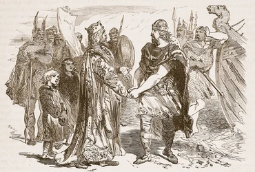 Treffen von Edmund Ironside und Canute auf der Insel Alney im Severn im Jahr 1016, Illustration aus Cassells Illustrierter Geschichte Englands
