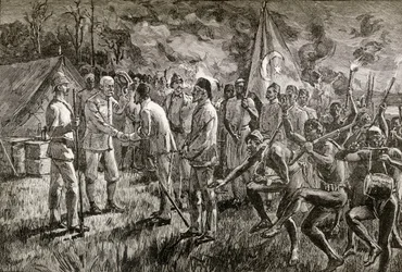 Mehmet Emin Pascha und Gaetano Casati erreichen das Uferlager von Sir Henry Morton Stanley am Albertsee, 1889 (Holzstich)