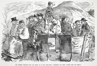 Mr. Briggs, der fühlt, dass sein Herz in den Highlands ist, auf der Jagd nach dem Hirsch, startet in den Norden, Illustration aus Punch