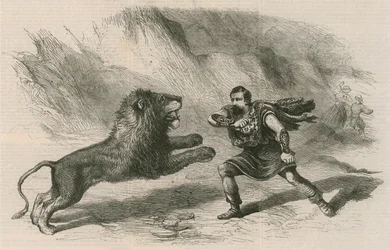 Mr. Crockett, der Löwenbändiger, tritt mit seinen Löwen im Astley