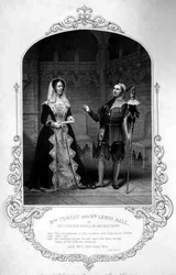 Mrs. Ternan als Gräfin Roussillon und Mr. Lewis Ball als ihr Narr, Akt I Szene 3, in Ende gut, alles gut, von William Shakespeare, graviert von D. Pound nach einem Daguerreotyp von Paine of Islington