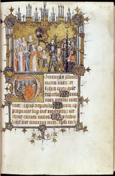 Ms 38-1950, f.29r: David an der Spitze einer Prozession, die Goliaths Kopf auf einer Lanze trägt, aus dem Bohun-Psalter, ca. 1370