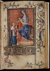 Ms 48, f.86r: Der Besitzer des Manuskripts betet zur Jungfrau und dem Kind, aus den Carew-Poyntz Stunden, Gebrauch von Sarum, ca. 1390-1400