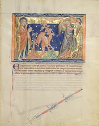 Ms L.A. 139-Lisboa fol.31 St. Johannes beobachtet, wie ein Engel der Frau hilft, dem roten Drachen zu entkommen, aus der Gulbenkian-Apokalypse, ca. 1265-70