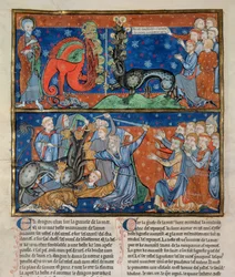 Ms R.16.2 f.14b Die Tötung des siebenköpfigen Tieres, aus der Trinity Apocalypse, Anglo-Normannisch, um 1250 (Pergament)