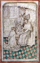 Ms R 14.5 f.8v Thomas Bekynton, Bischof von Bath und Wells, empfängt Chaundler, aus dem Abingdon-Missale, 1457-61